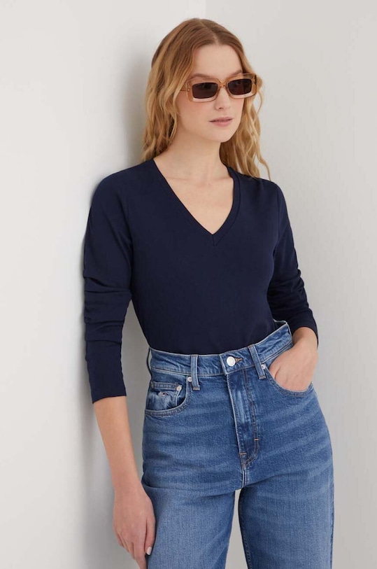 United Colors of Benetton longsleeve din bumbac uni bleumarin 3GA2E4245