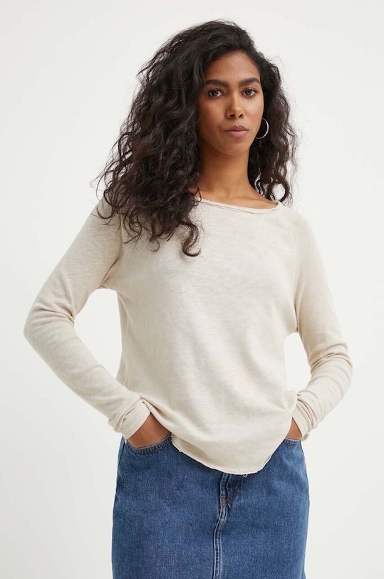 Bavlněné tričko s dlouhým rukávem American Vintage T-SHIRT ML COL BATEAU hladký béžová SON31GE24