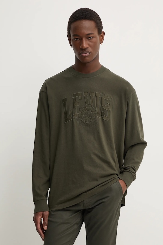 Bavlněné tričko s dlouhým rukávem Levi's kulatý zelená A6145