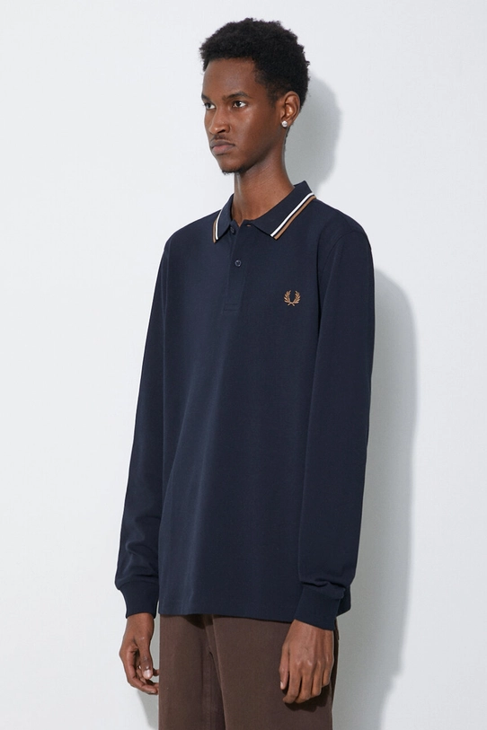 Bavlněné tričko s dlouhým rukávem Fred Perry Ls Twin Tipped Shirt námořnická modř M3636.U86