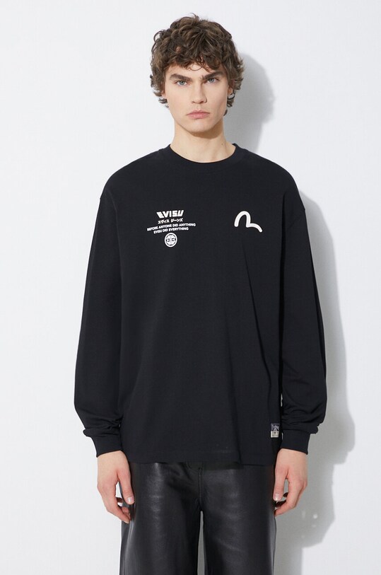 Evisu longsleeve bawełniany Seagull + Kamon & Wave Print LS Tee nadruk czarny 2ESHTM4TL7063