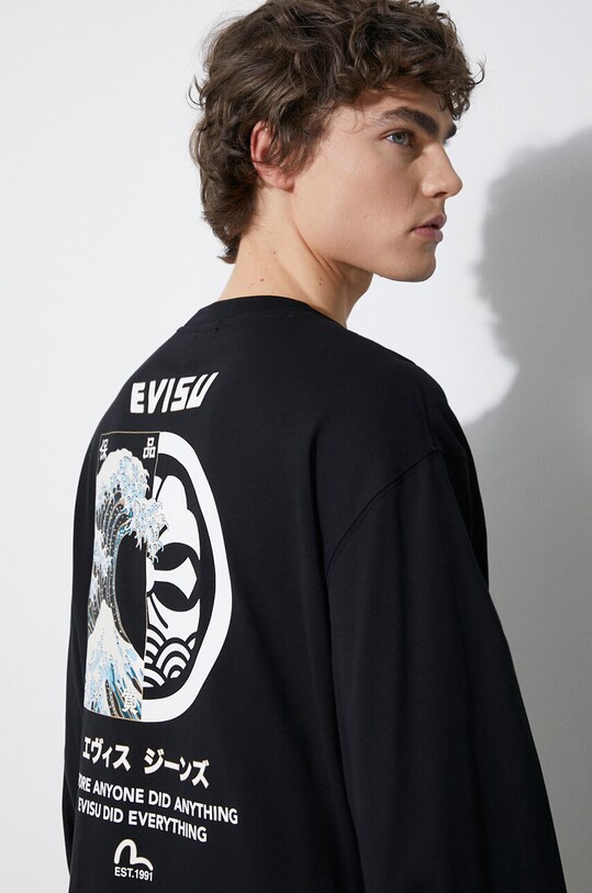 Evisu longsleeve bawełniany Seagull + Kamon & Wave Print LS Tee 2ESHTM4TL7063 czarny