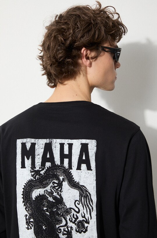 Maharishi longsleeve din bumbac Woodblock Dragon 1277.BLACK negru