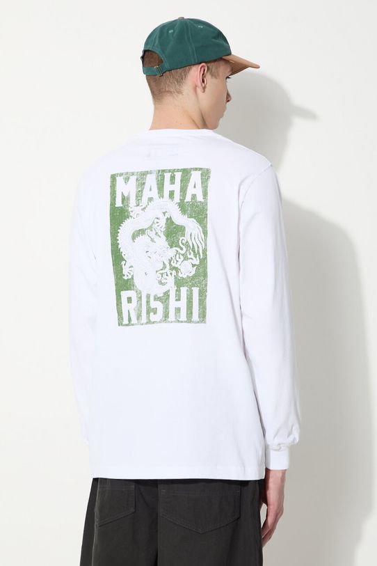 Bavlněné tričko s dlouhým rukávem Maharishi Woodblock Dragon L/S potisk bílá 1277.WHITE