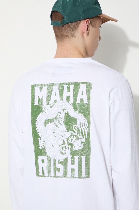 Bavlněné tričko s dlouhým rukávem Maharishi Woodblock Dragon L/S 1277.WHITE