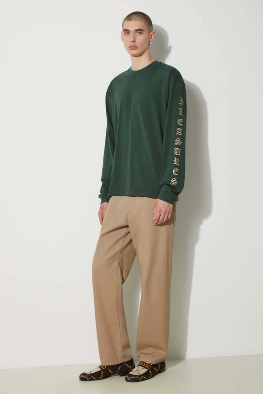 Bavlněné tričko s dlouhým rukávem PLEASURES Oe Long Sleeve relaxed zelená P24SU008.GREEN