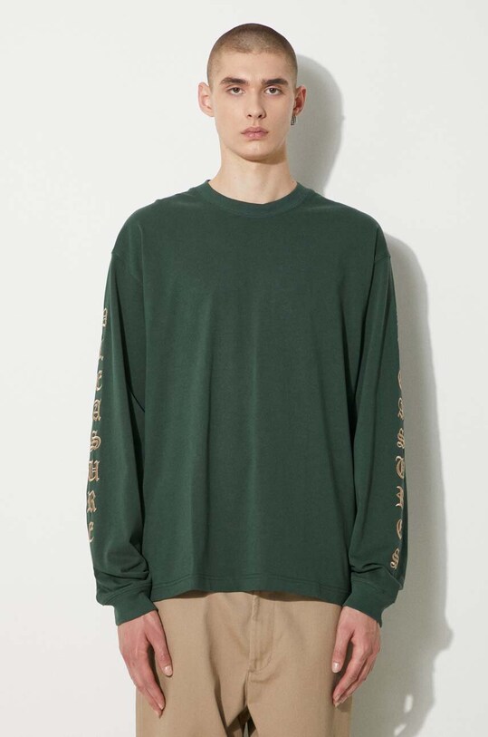 Bavlnené tričko s dlhým rukávom PLEASURES Oe Long Sleeve zelená P24SU008.GREEN