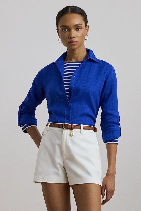 Ľanová košeľa Lauren Ralph Lauren jednofarebný modrá 200782777