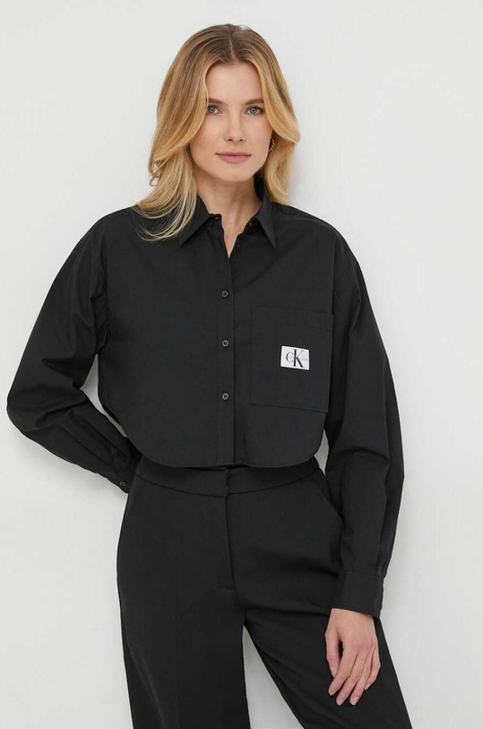 Bombažna srajca Calvin Klein Jeans Dolg črna J20J222614