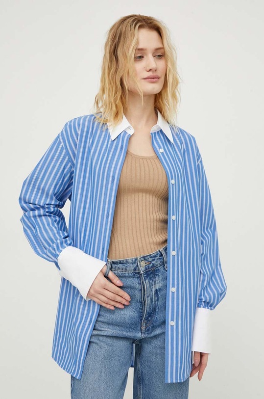 Βαμβακερό πουκάμισο Samsoe Samsoe μπλε F24100170