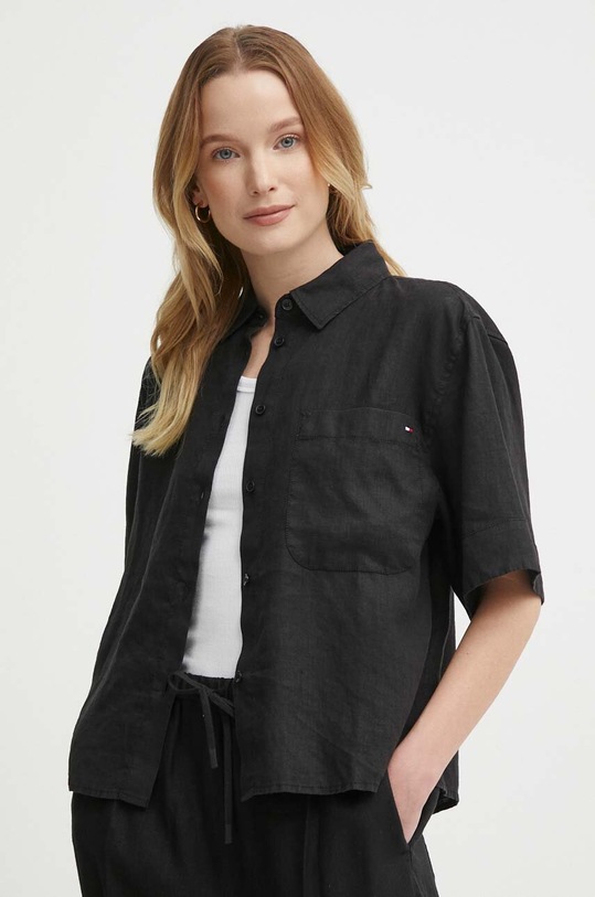 Ľanová košeľa Tommy Hilfiger čierna WW0WW41392