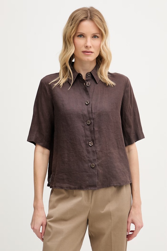United Colors of Benetton πουκάμισο γυναικείο λινό καφέ 5BML5QB75