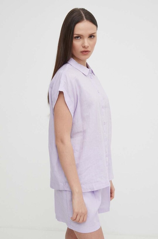 Πουκάμισο από λινό United Colors of Benetton μωβ 5BMLDQ06V