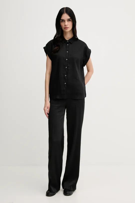 Lněná košile United Colors of Benetton 5BMLDQ06V černá SS25