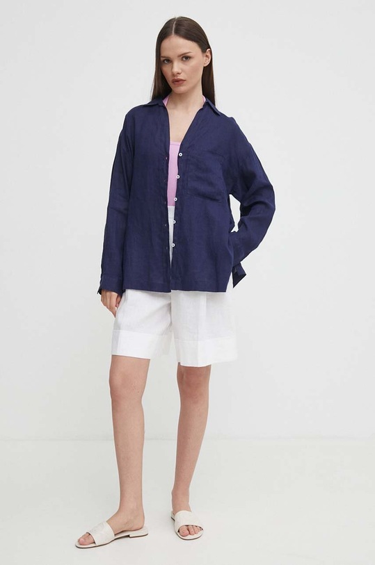 United Colors of Benetton koszula lniana klasyczny granatowy 5BMLDQ078