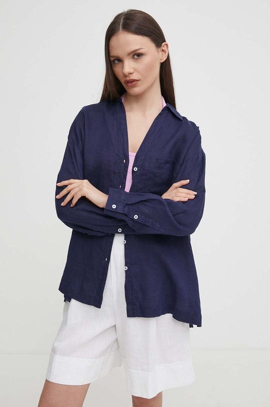 United Colors of Benetton koszula lniana 5BMLDQ078 granatowy SS24
