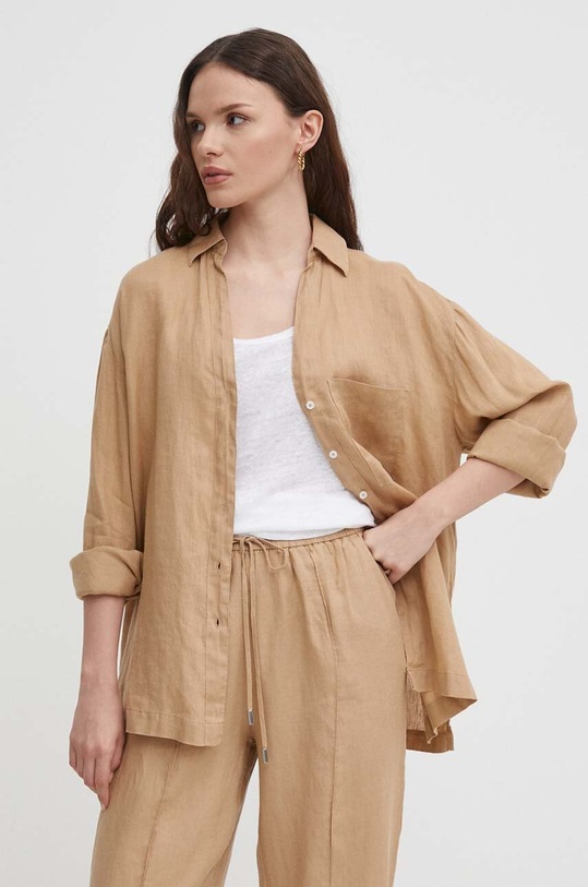 United Colors of Benetton koszula lniana klasyczny beżowy 5BMLDQ078