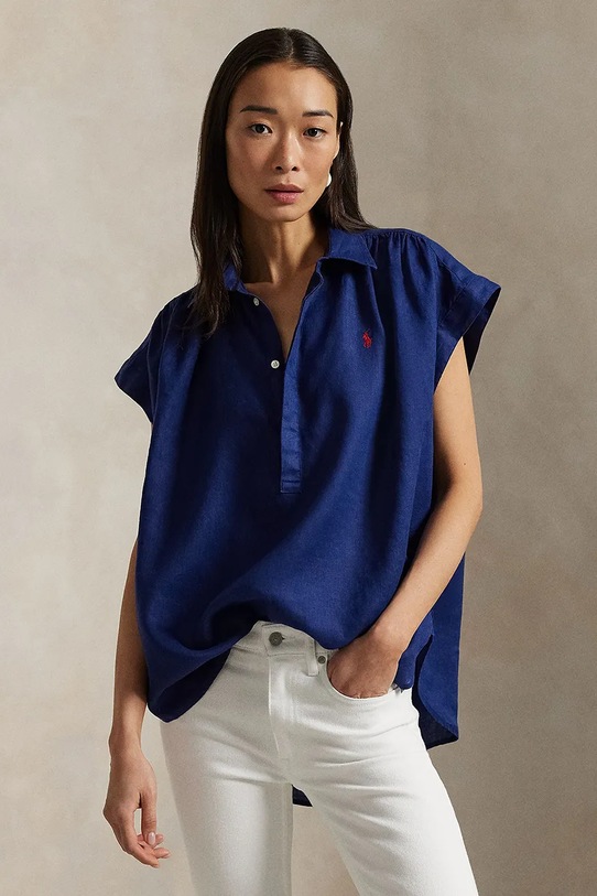 Lanena bluza Polo Ralph Lauren bez uzorka plava 211935131