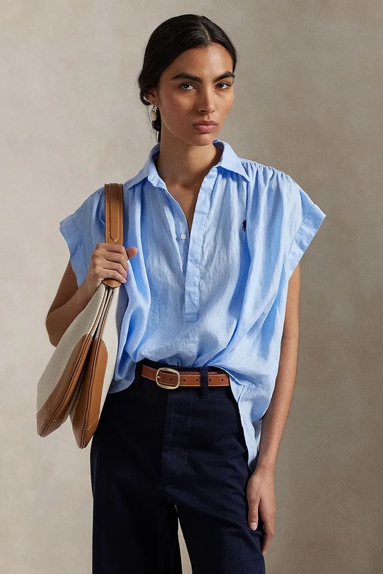 Lanena bluza Polo Ralph Lauren bez uzorka plava 211935131