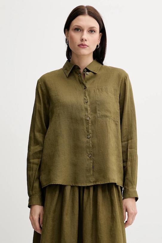 Lanena srajca Sisley Dolg zelena 5BMLLQ06S