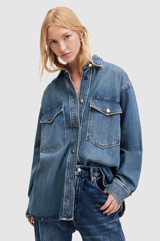 AllSaints camasa din bumbac denim Alba lung turcoaz WH518Z