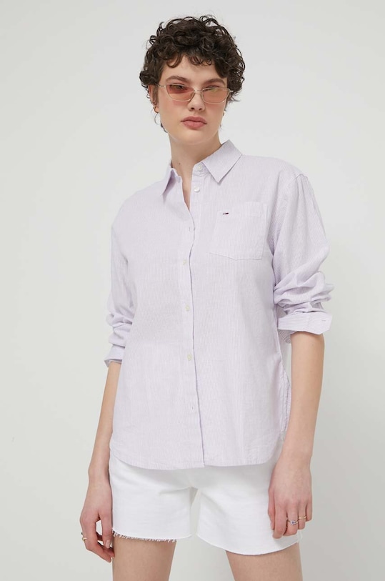 Tommy Jeans koszula z domieszką lnu klasyczny fioletowy DW0DW17737