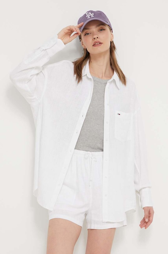 Tommy Jeans koszula z domieszką lnu klasyczny biały DW0DW17987