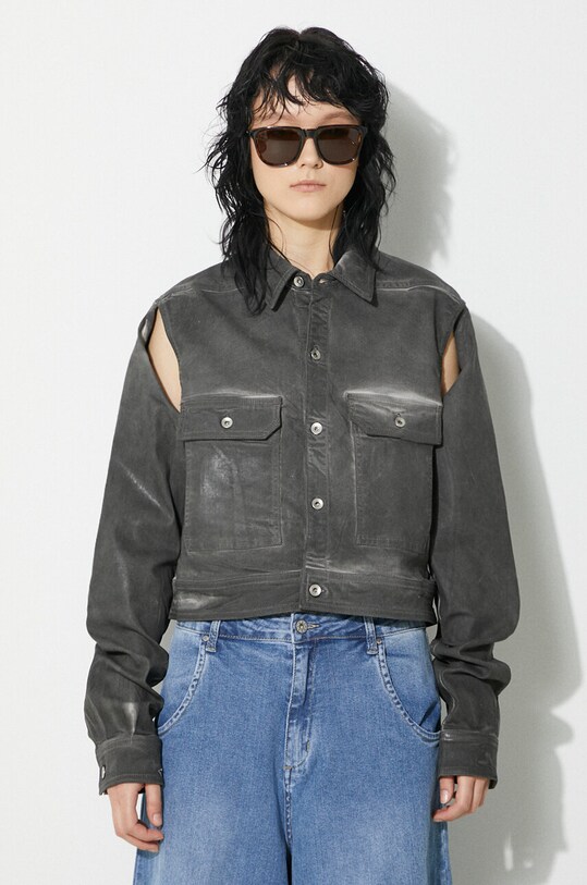 Rick Owens kurtka Denim Jacket Cape Sleeve Cropped Outershirt bez kaptura szary DS01D1702.SCF.78