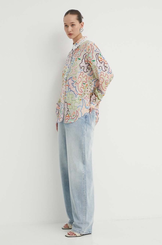 Never Fully Dressed koszula z domieszką lnu NFDTO607.White multicolor SS24