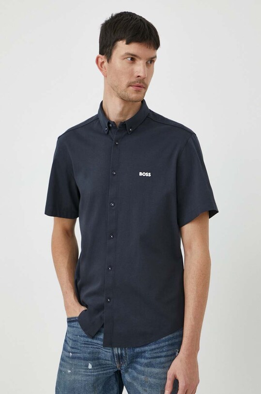 Bavlnená košeľa Boss Green jednofarebný modrá 50512005