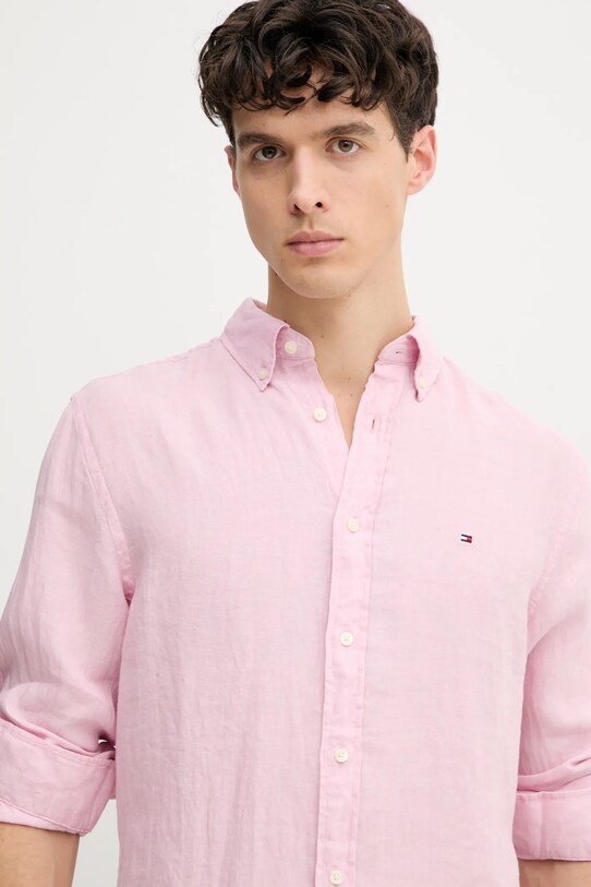 Lněná košile Tommy Hilfiger růžová MW0MW34602