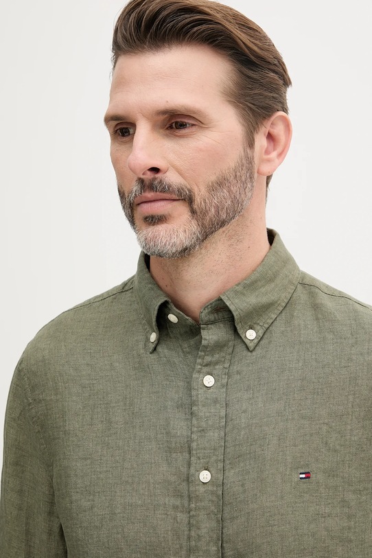 Ľanová košeľa Tommy Hilfiger zelená MW0MW34602