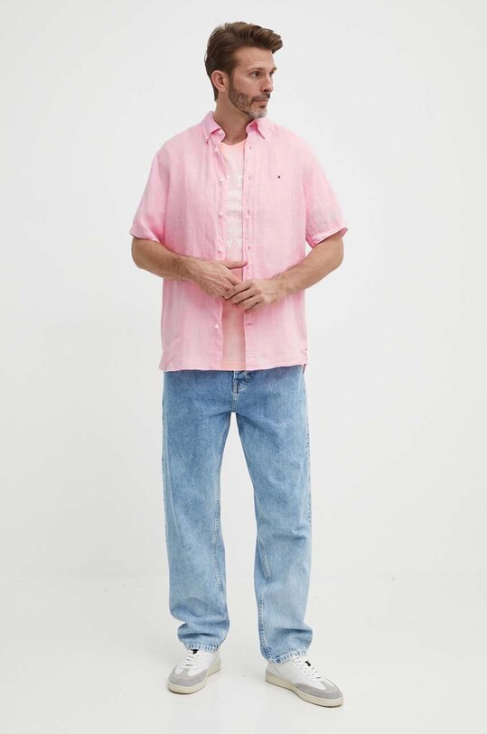 Πουκάμισο από λινό Tommy Hilfiger MW0MW35207 ροζ SS25