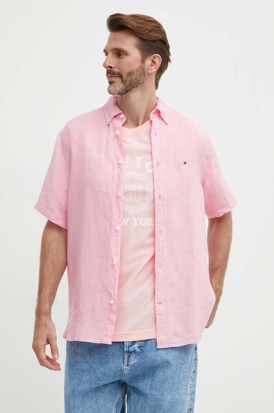 Πουκάμισο από λινό Tommy Hilfiger ροζ MW0MW35207