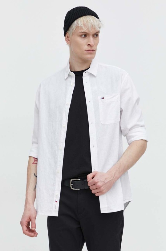 Tommy Jeans cămașă din amestec de in lung alb DM0DM18962
