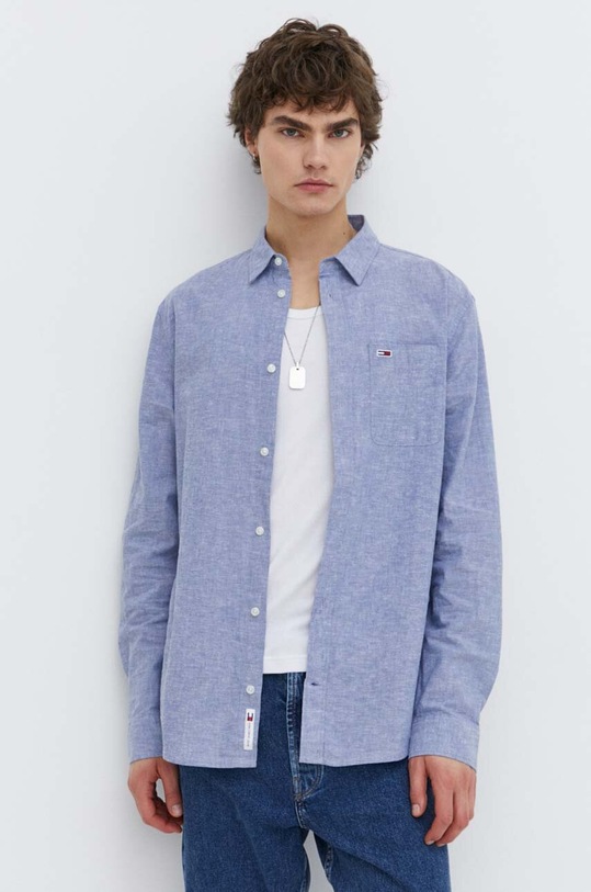 Košeľa s prímesou ľanu Tommy Jeans jednofarebný modrá DM0DM18962