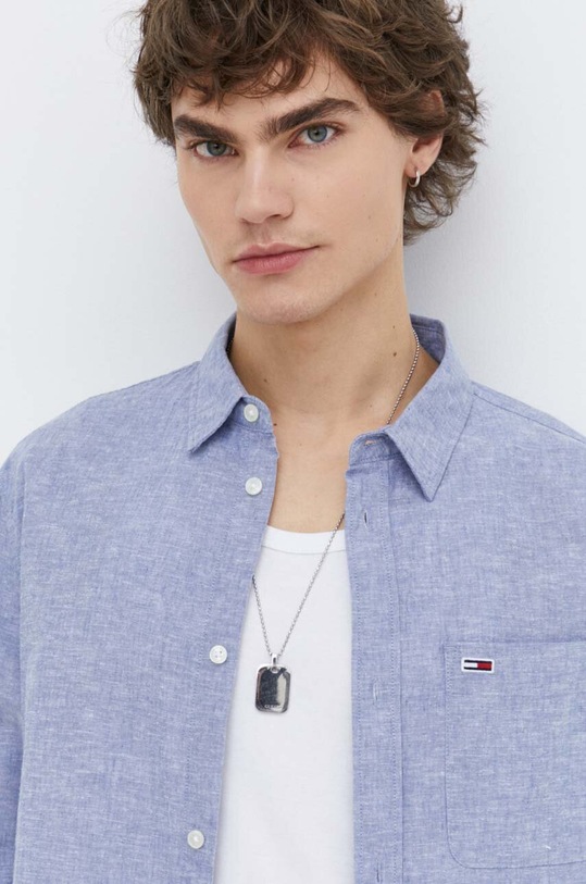 Košeľa s prímesou ľanu Tommy Jeans modrá DM0DM18962