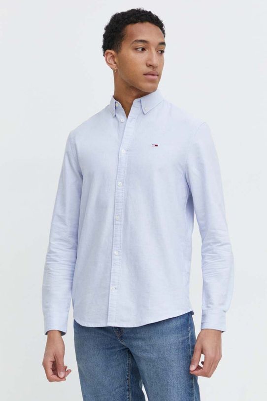 Bavlnená košeľa Tommy Jeans jednofarebný modrá DM0DM19134