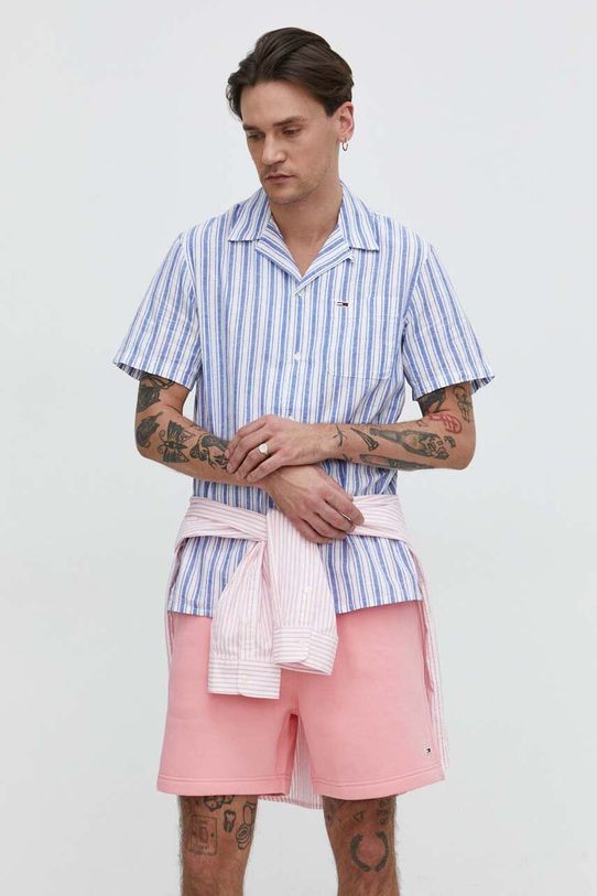 Košeľa s prímesou ľanu Tommy Jeans regular modrá DM0DM18961