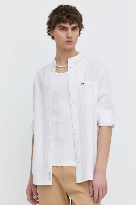 Tommy Jeans koszula z domieszką lnu regular biały DM0DM18964