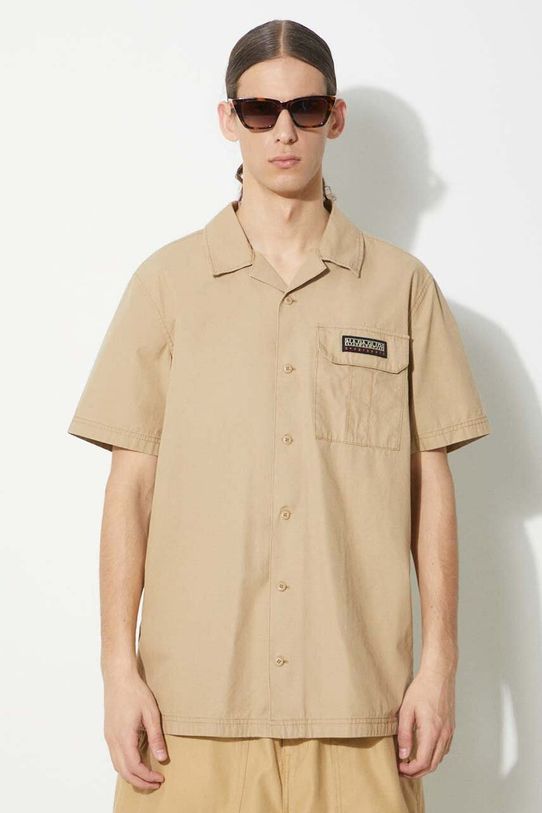 Napapijri camasa din bumbac G-Boyd scurt bej NP0A4HQ4N1E1