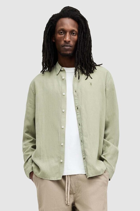 AllSaints cămașă de in LAGUNA LS SHIRT lung verde MS540Z