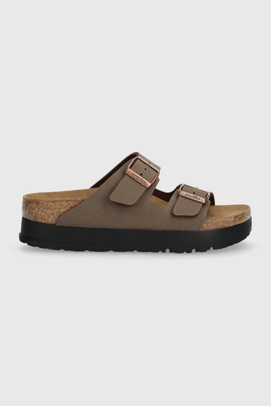 Birkenstock sliders Arizona Platform Flex faux grain leather brown 1027417.Mocca