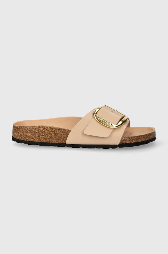 Birkenstock klapki skórzane Madrid Big Buckle płaski beżowy 1026496
