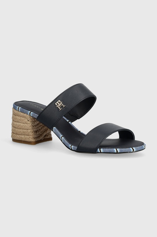 Kožené pantofle Tommy Hilfiger BLOCK MID HEEL SHIRTING SANDAL přírodní kůže námořnická modř FW0FW07742