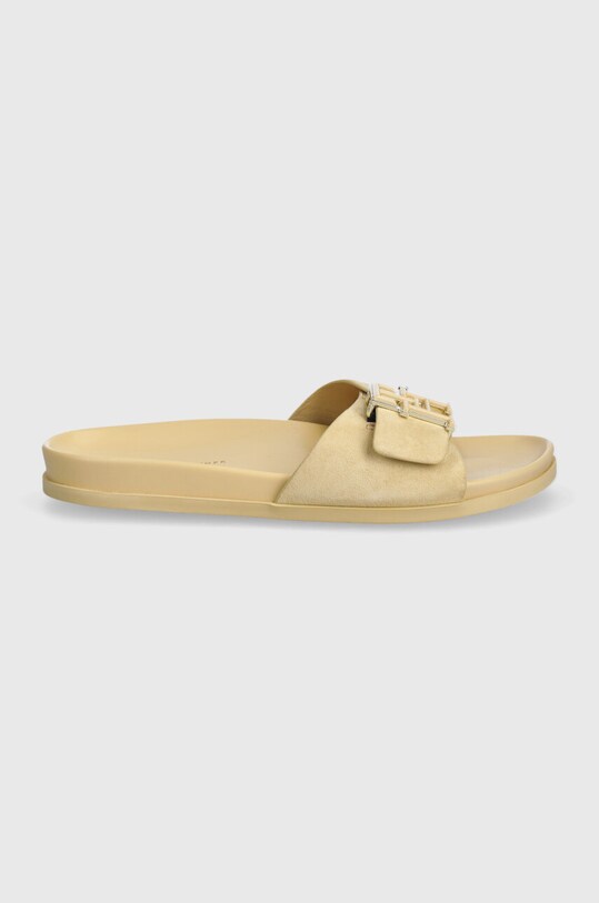 Tommy Hilfiger papuci din piele TH HARDWARE SUEDE FLAT SANDAL FW0FW07935 bej SS24