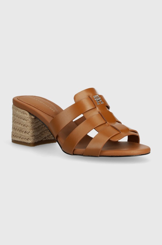 Tommy Hilfiger infradito in pelle BLOCK MID HEEL LEATHER SANDAL pelle fiore marrone FW0FW08049