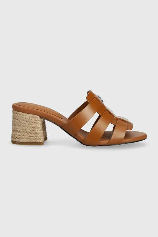 Tommy Hilfiger klapki skórzane BLOCK MID HEEL LEATHER SANDAL FW0FW08049 brązowy SS24