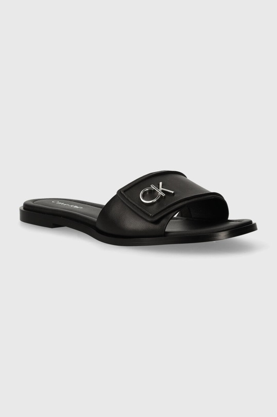 Kožené šľapky Calvin Klein FLAT SLIDE RELOCK LTH usňová koža čierna HW0HW01939