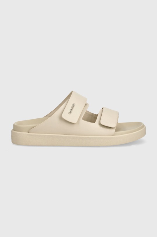 Calvin Klein klapki skórzane FLAT ADJ SLIDE CALVIN MTL LTH HW0HW01954 beżowy SS24